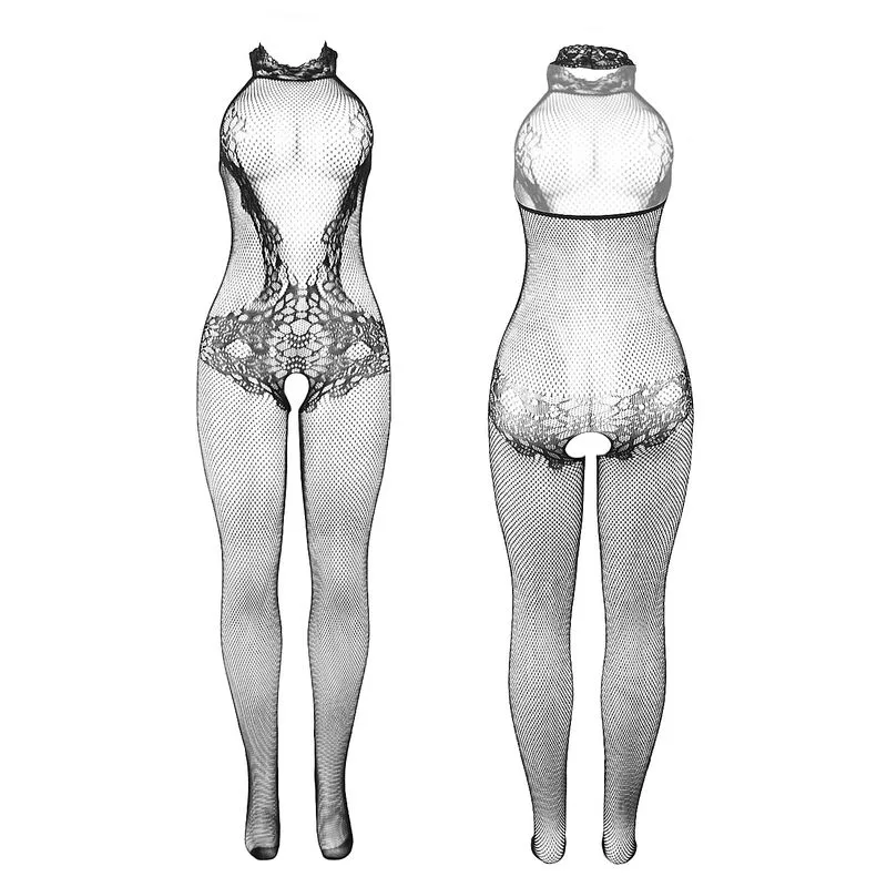 951801 BODYSTOCKING CROTCHLESS DE REJILLA Y ENCAJE CON CUELLO ALTO NEGRO TALLA ÚNICA
