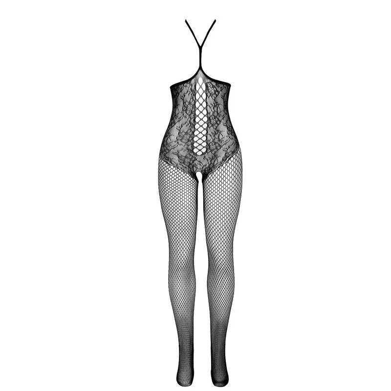 951849 BODYSTOCKING DE REJILLA COPA ABIERTA Y CUELLO HALTER NEGRO TALLA ÚNICA