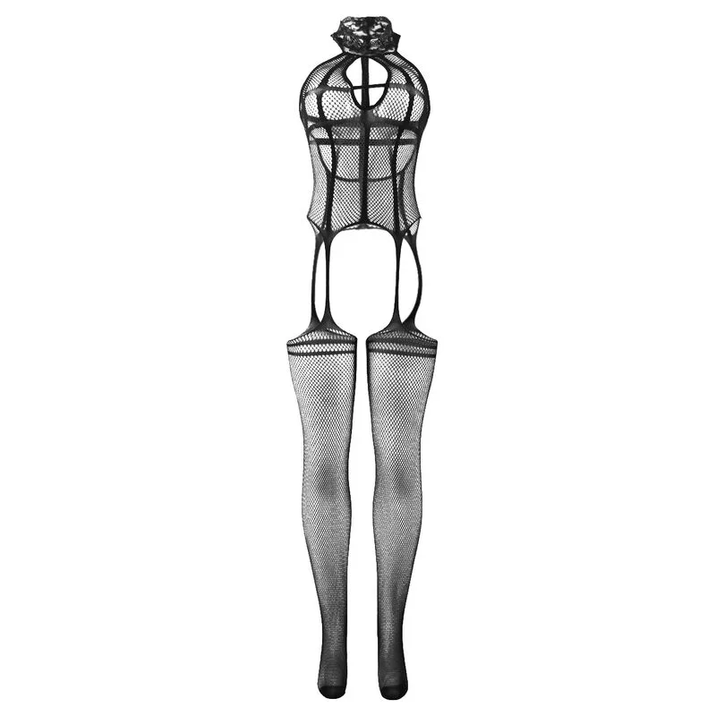 951986 BODYSTOCKING CROTCHLESS DE REJILLA CON ESTAMPADOS EN EL CUELLO NEGRO TALLA ÚNICA