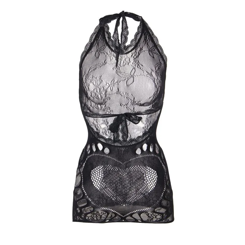 952075 VESTIDO CORTO DE REJILLA CON ESPALDA DESCUBIERTA Y DETALLE DE CORAZÓN NEGRO TALLA ÚNICA