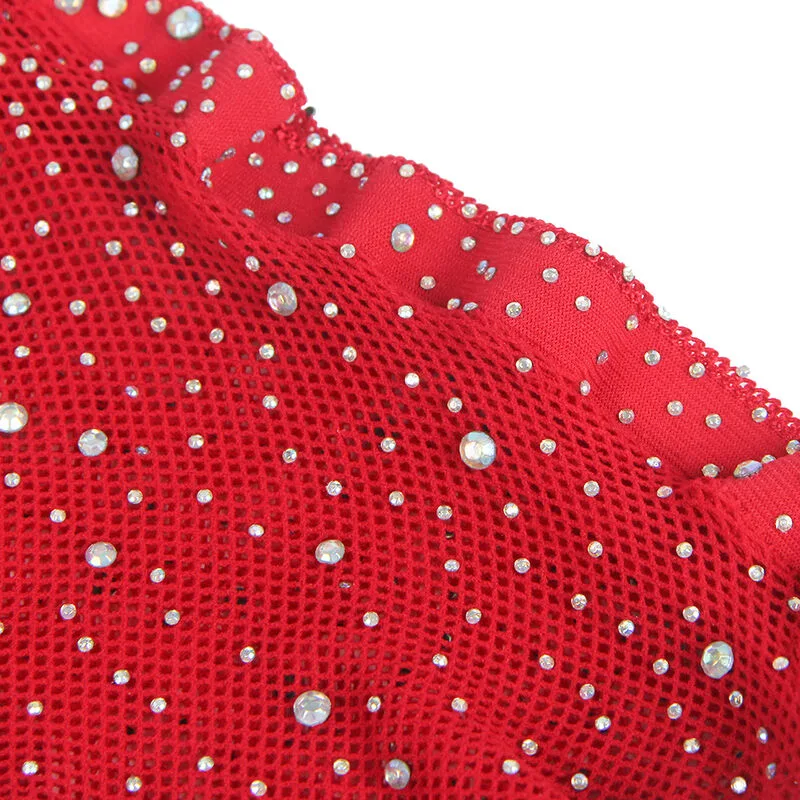 952181 BODYSTOCKING DE REJILLA CON GUANTES Y DIAMANTES ROJO TALLA ÚNICA
