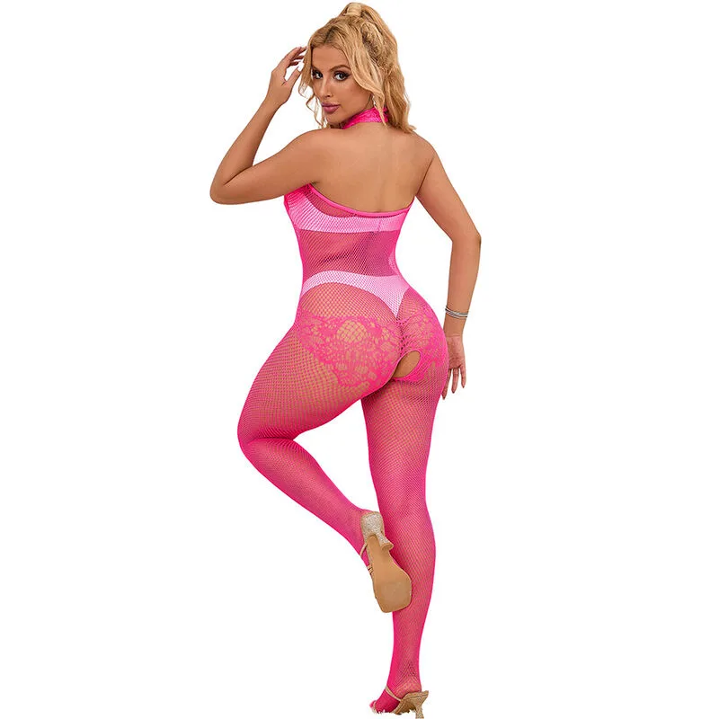 952389 BODYSTOCKING CROTCHLESS DE REJILLA Y ENCAJE CON CUELLO ALTO ROSA TALLA ÚNICA