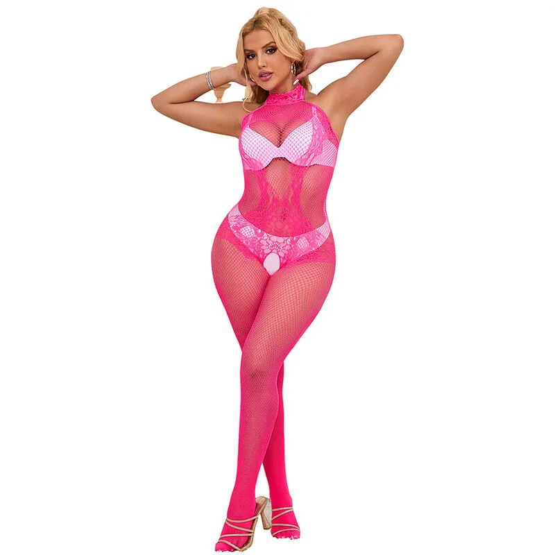 952389 BODYSTOCKING CROTCHLESS DE REJILLA Y ENCAJE CON CUELLO ALTO ROSA TALLA ÚNICA