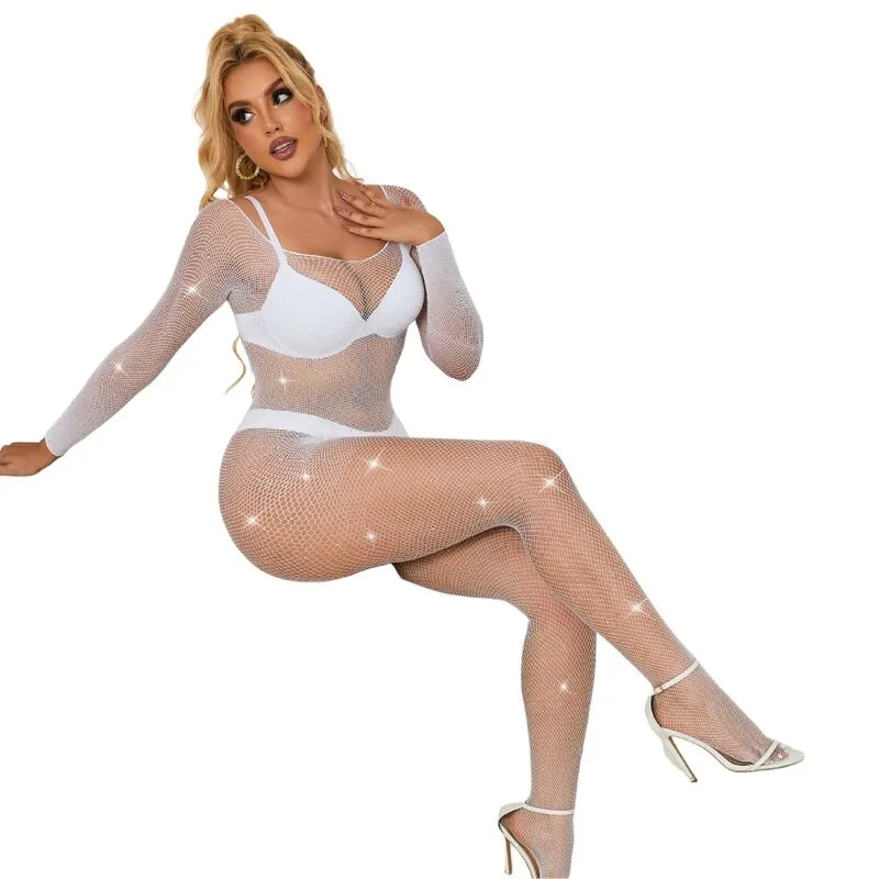 952396 BODYSTOCKING DE REJILLA CON DIAMANTES MANGA LARGA BLANCO TALLA ÚNICA