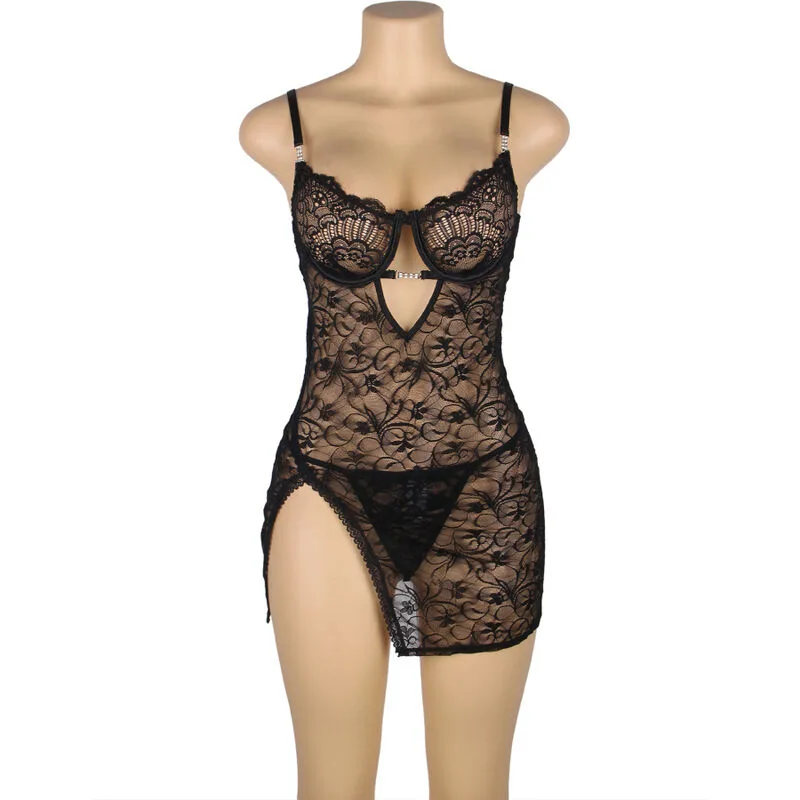 954185 BABYDOLL DE ENCAJE CON TIRANTES AJUSTABLES NEGRO S/M