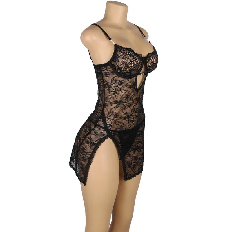 954185 BABYDOLL DE ENCAJE CON TIRANTES AJUSTABLES NEGRO S/M