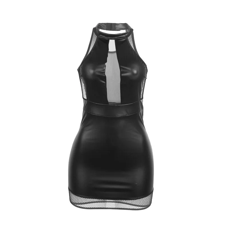 955472 VESTIDO CUELLO HALTER CON TRANSPARENCIAS NEGRO S/M