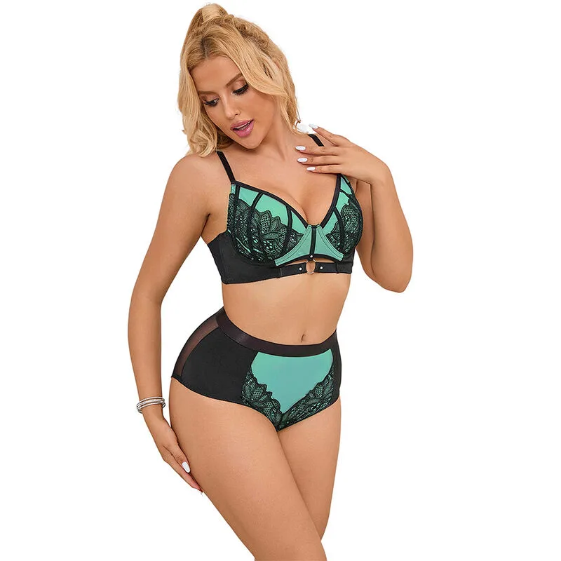 955564 CONJUNTO SUJETADOR CON CREMALLERA DE MALLA DE CHAROL VERDE L/XL