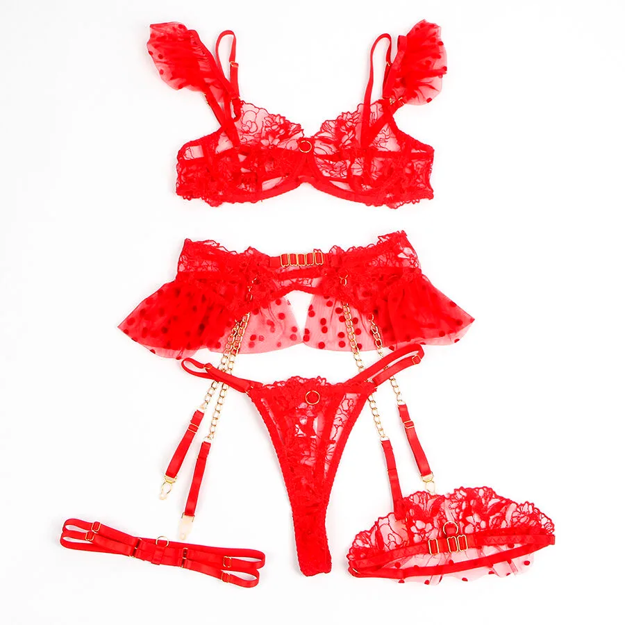 957506 CONJUNTO SUJETADOR Y LIGA DE ENCAJE ROJO S/M