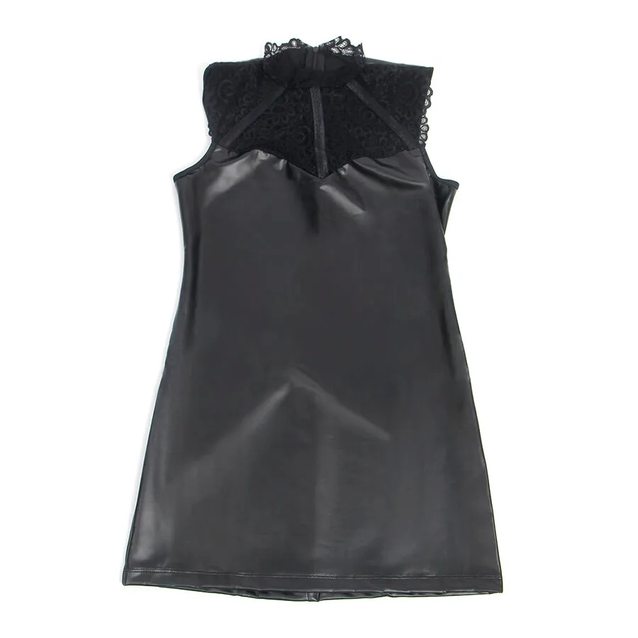 957544 VESTIDO DE CUERO CON CUELLO DE ENCAJE NEGRO S/M