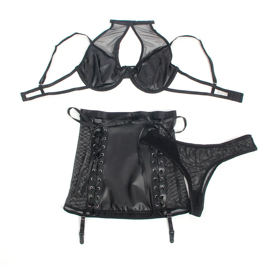 957599 CONJUNTO SUJETADOR Y FALDA DE CUERO NEGRO L/XL