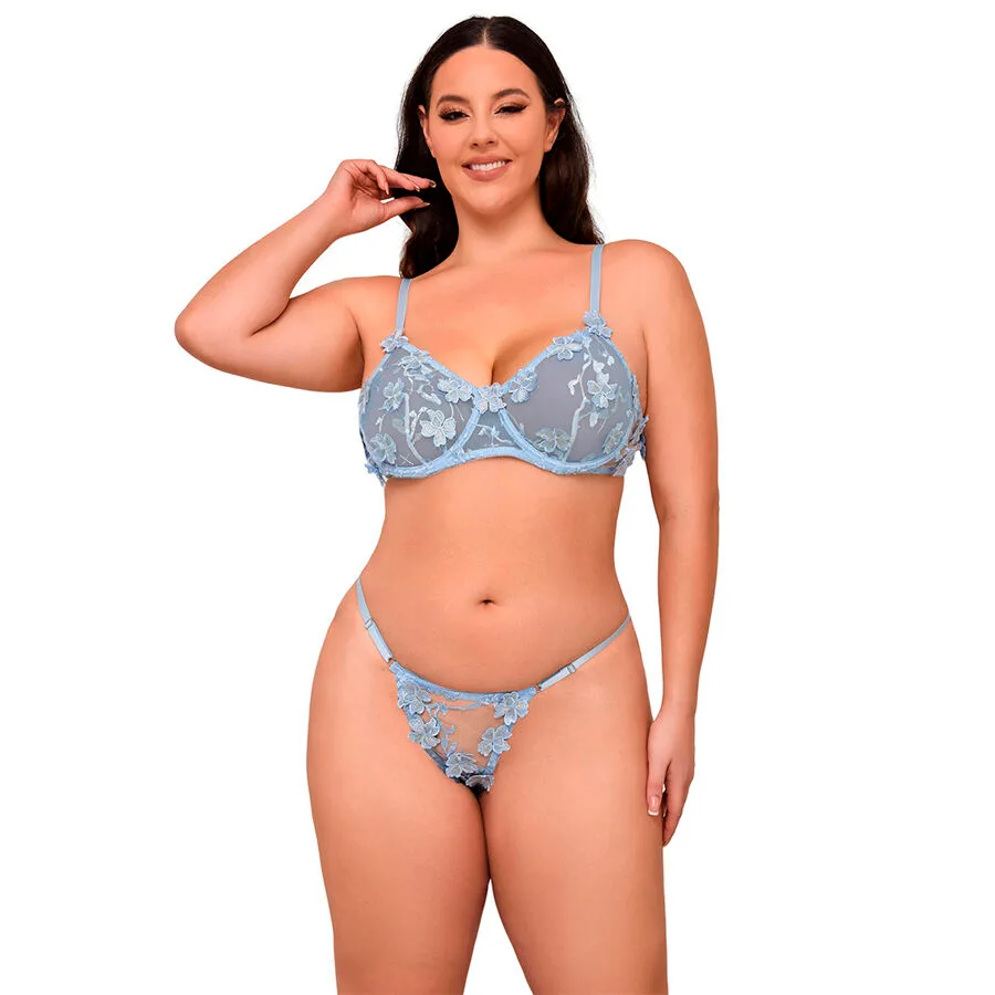 957636 CONJUNTO SUJETADOR Y PANTIES CON BORDADOS DE FLORES CELESTE L/XL