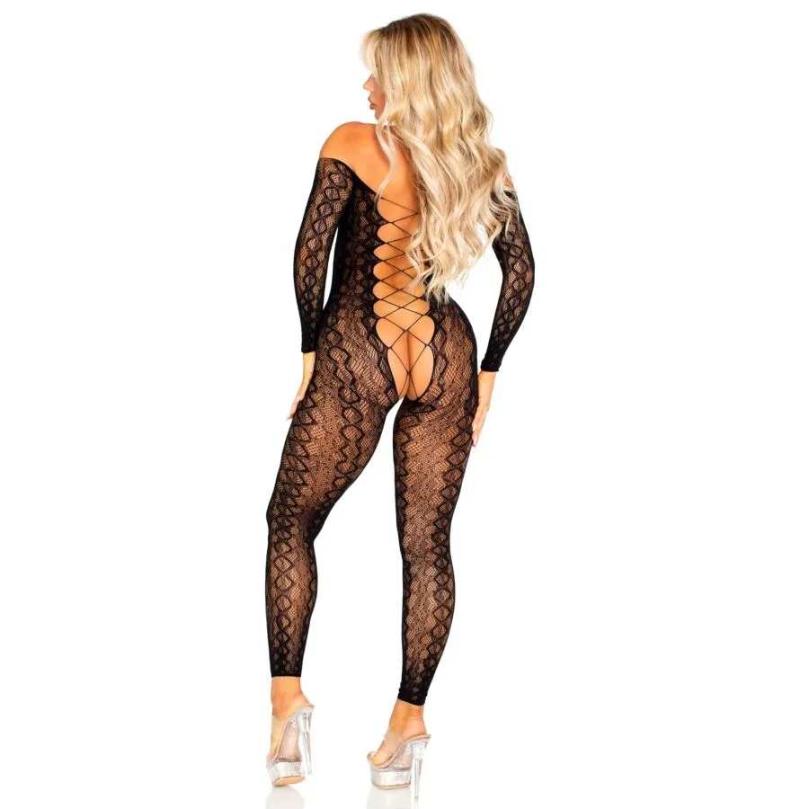 BODYSTOCKING SIN ENTREPIERNA DE ENCAJE DE SERPIENTE EXÓTICA NEGRO