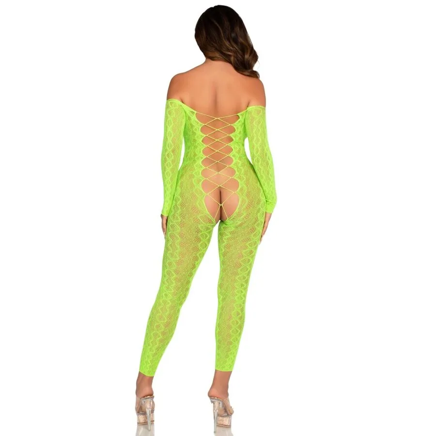 BODYSTOCKING SIN ENTREPIERNA DE ENCAJE DE SERPIENTE EXÓTICA VERDE NEÓN