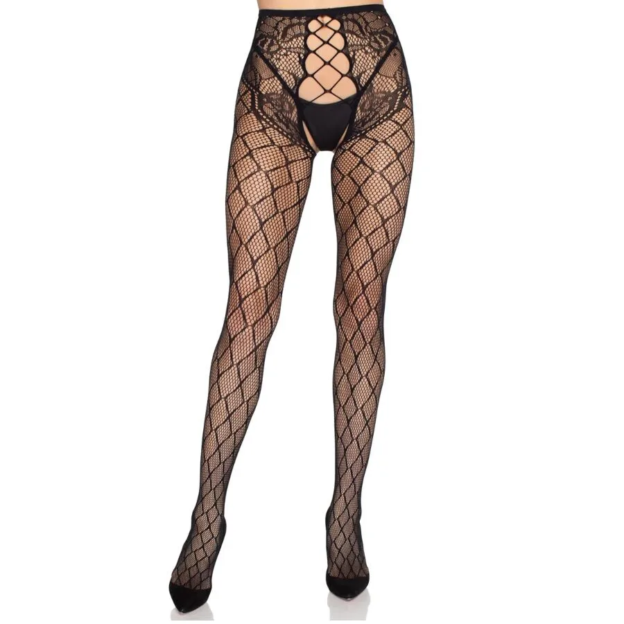 LEG AVENUE - 1966 MEDIAS DE RED CON PANTY SIN ENTREPIERNA NEGRO - TALLA ÚNICA