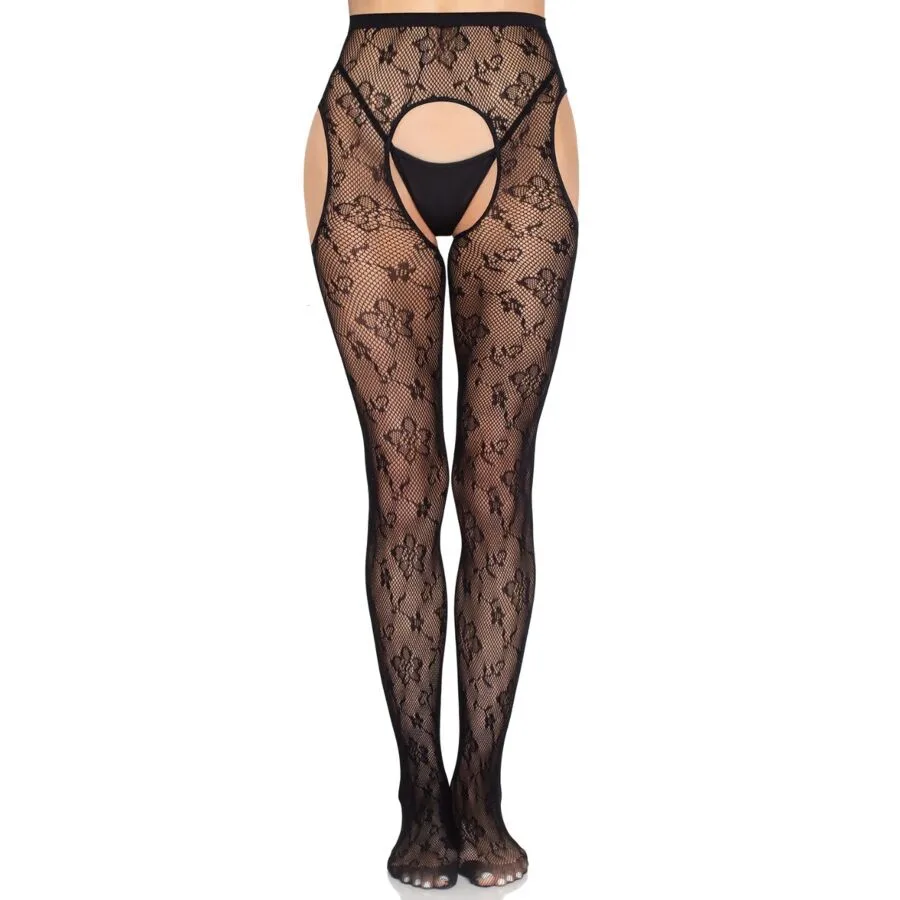 LEG AVENUE - 1967 MEDIAS DE LIGUERO CON RED DE FLORES NEGRO - TALLA ÚNICA