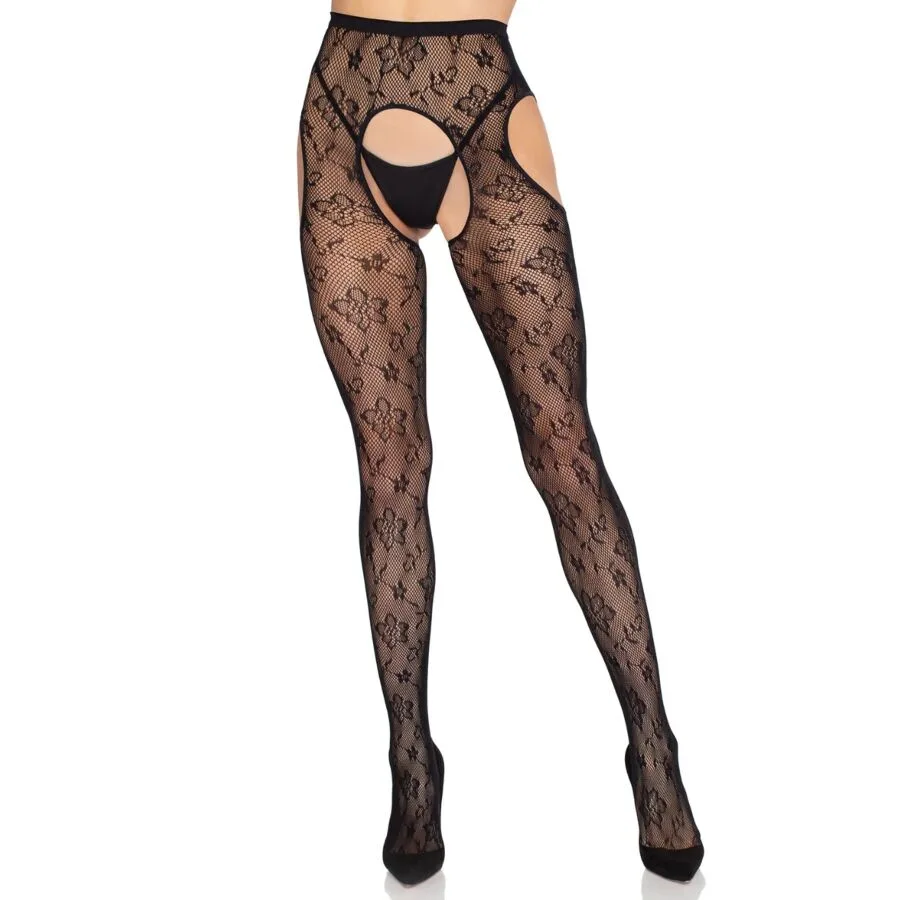 LEG AVENUE - 1967 MEDIAS DE LIGUERO CON RED DE FLORES NEGRO - TALLA ÚNICA