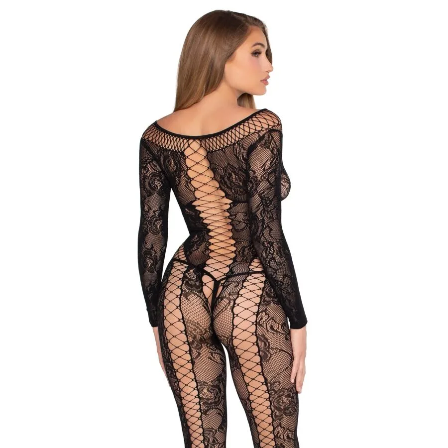 LEG AVENUE - 89369 JUMPSUIT DE RED Y ENCAJE NEGRO - TALLA ÚNICA