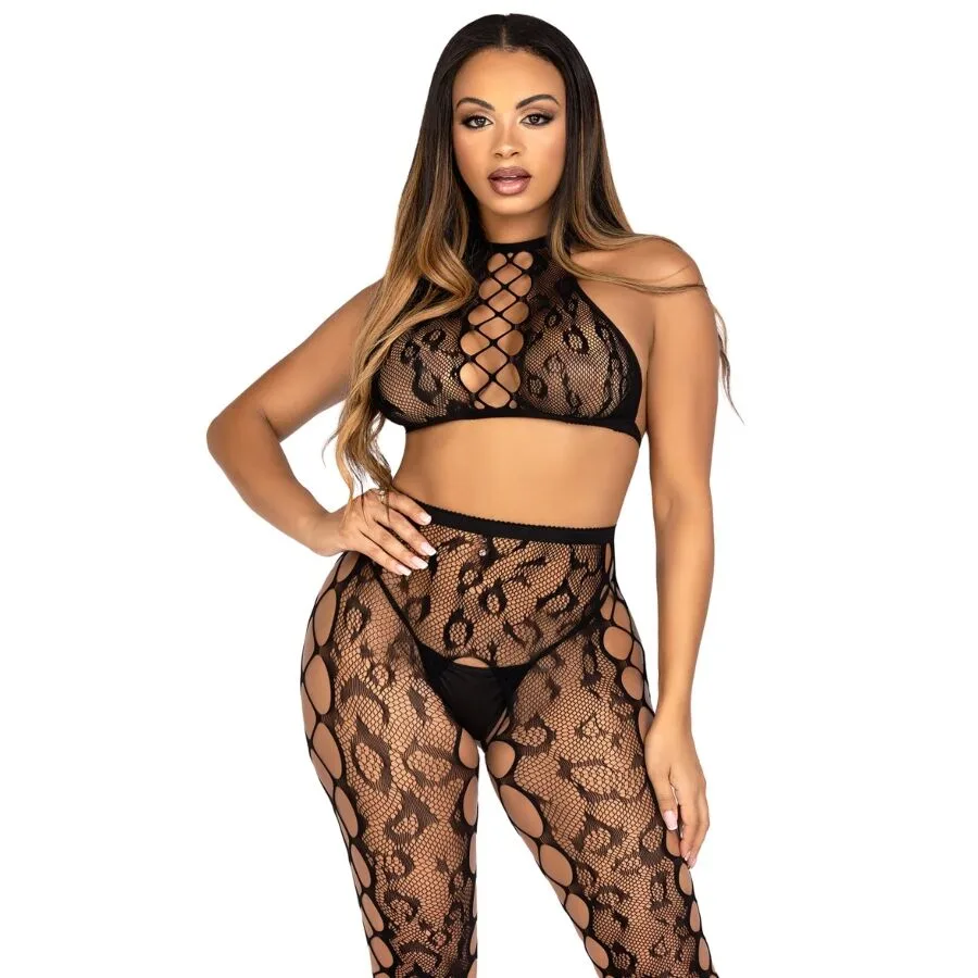 LEG AVENUE - 89372 CROP TOP Y MEDIAS SIN ENTREPIERNA NEGRO - TALLA ÚNICA